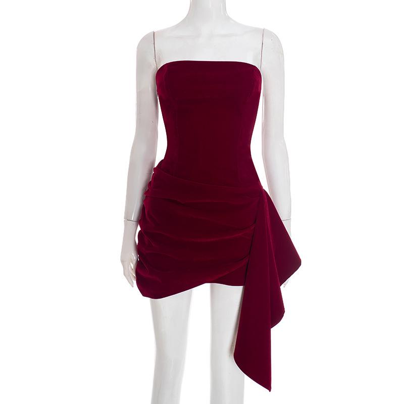 

Elegant Winter Solid Color Suede Strapless Dress for Women Small