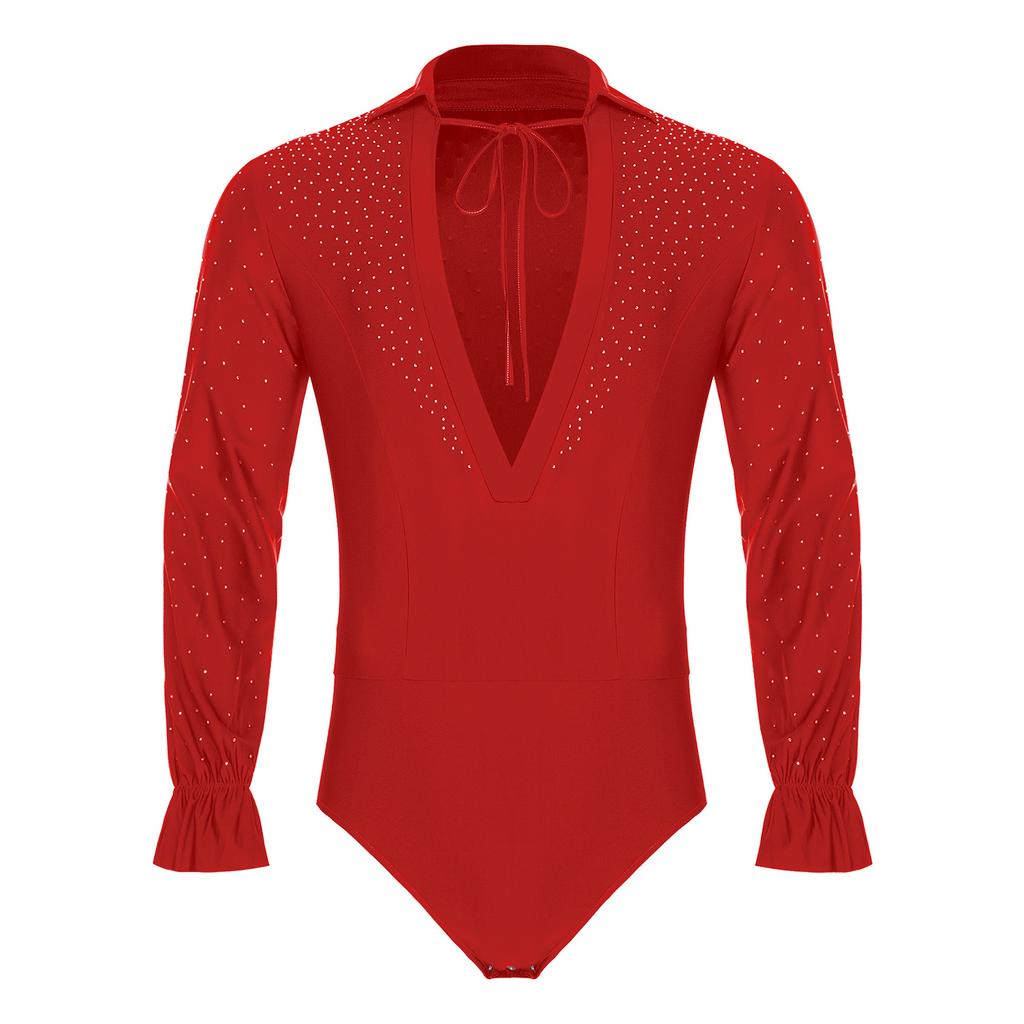 Mens Deep V Neck Long Sleeve Leotard Glitter Rhinestones Bodysuit Openable Crotch Latin Jazz Dance Ballet Costume