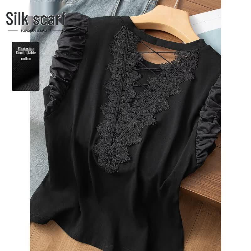 

Women s Lyocell Round Neck Patchwork Short Sleeve Shirt L