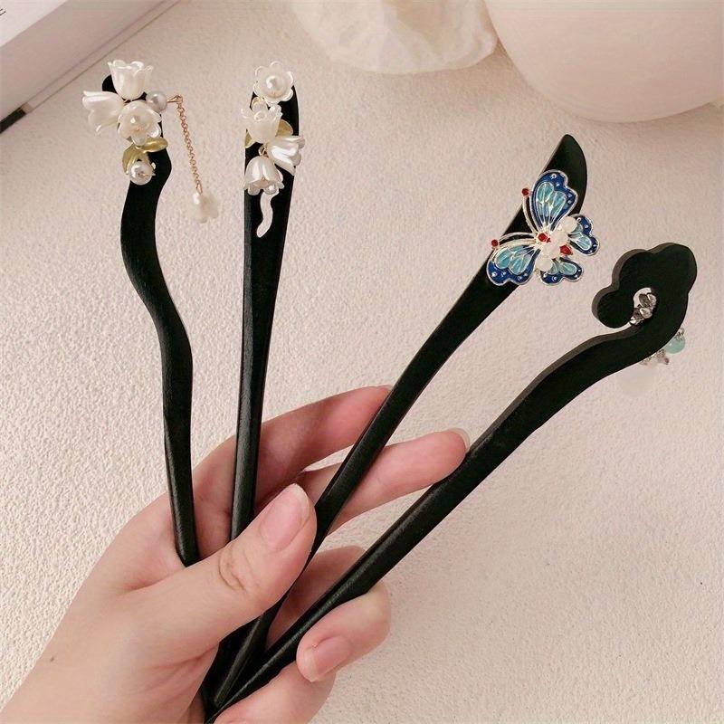 New Chinese Style Wooden Hairpin Ancient Wind Chime Orchid Exquisite Butterfly Hairpin Niche High-end Coiled Hair Flower Hairpin
