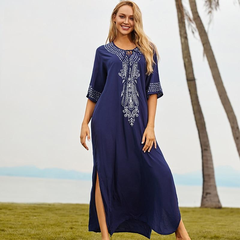 Embroidery Kaftan Beach Tunic Cotton Beach Cover Up Saida De Praia Swimsuit Women Bikini Cover Up