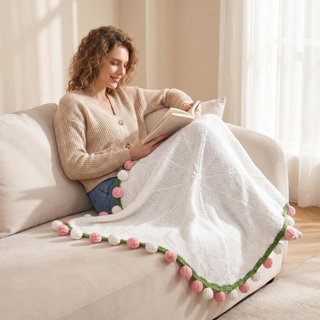 Handmade Crochet Floral Bouquet Blanket Soft and Lightweight Throw with Decorative Edging for Home Use and Seasonal Decoration