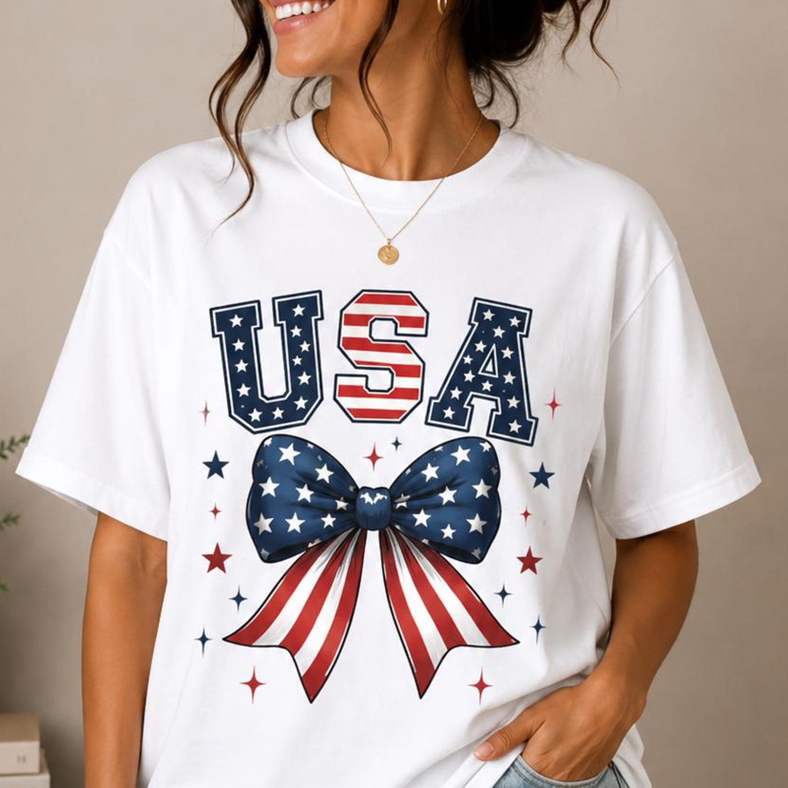 USA Bow Coquette Shirt, Patriotic Coquette Tee, 4th of July Shirt Women, American Flag Bow T-Shirt, Cute Independence Day Tee, USA Graphic 4XL