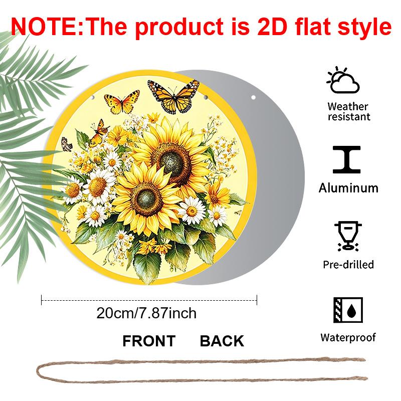 2D Flat, 1pc Round Aluminum Hanging Sign, Bright Sunflower & Monarch Butterfly Metal Wall Art, Floral Daisy Bouquet Design, Perfect for Garden