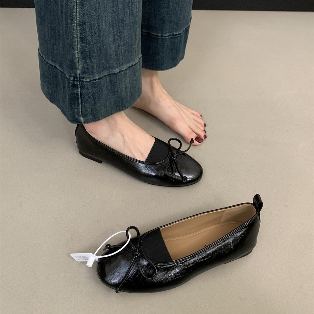 Retro Bow Doudou Shoes Women's 2025 New Japanese Round Head Shallow Mouth Single Shoes Women's Flat Bottom Ladyshoes Grandma Shoes