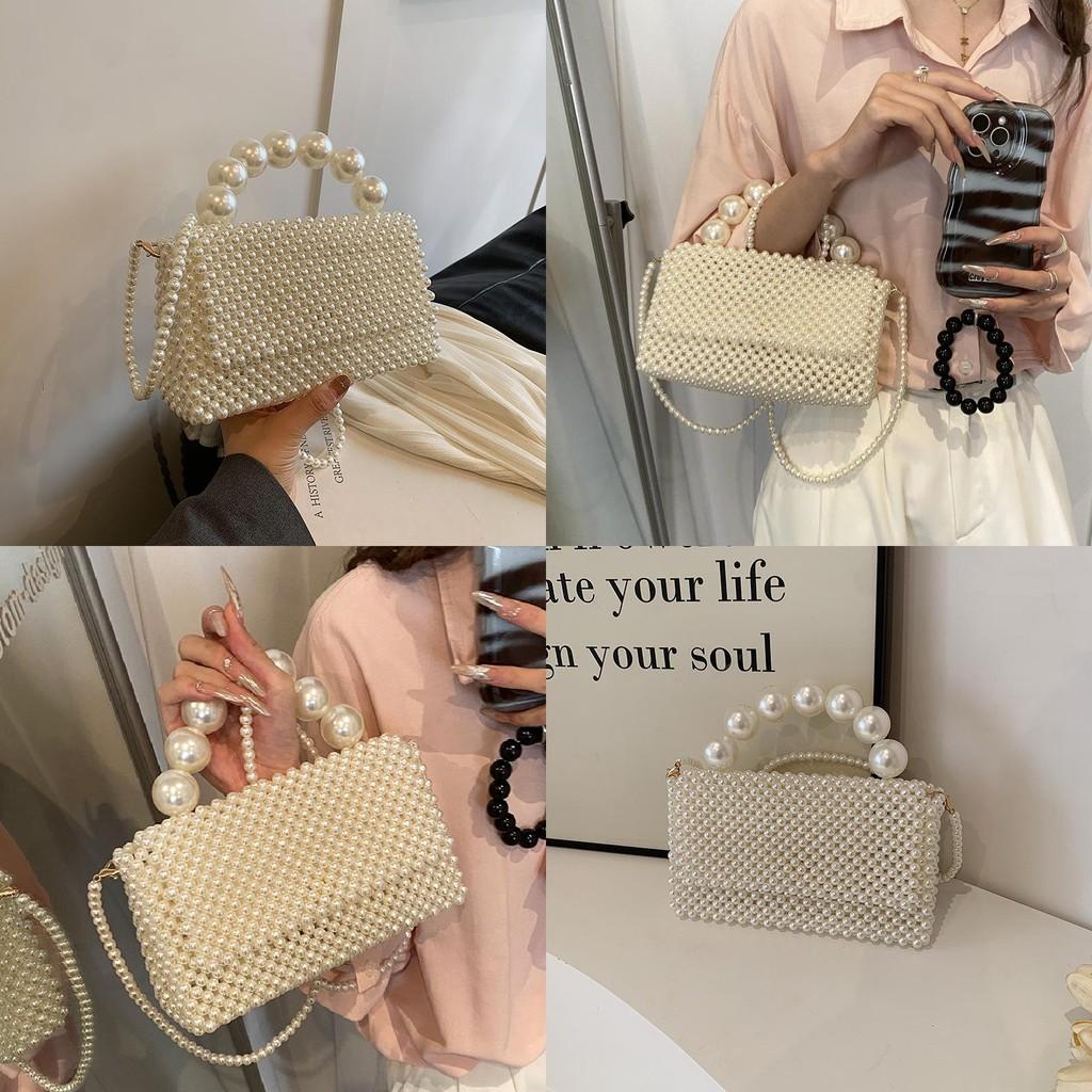 Beading Handwoven Lady Girl Travel Mini Bag Pearl Decor Magnetic Closure Flap