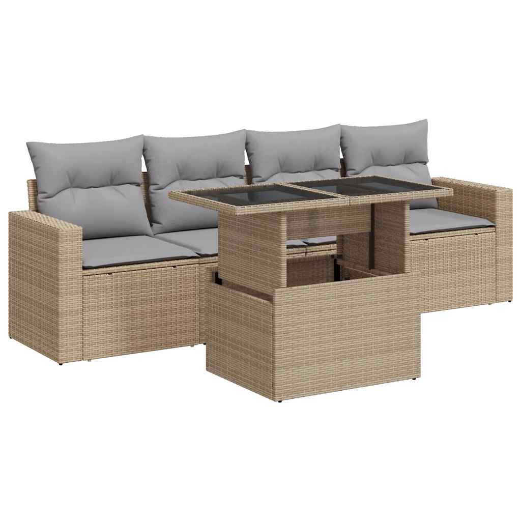 Vidaxl 5-Cz. Garden Furniture Set With Cushions, Beige, Poly Rattan
