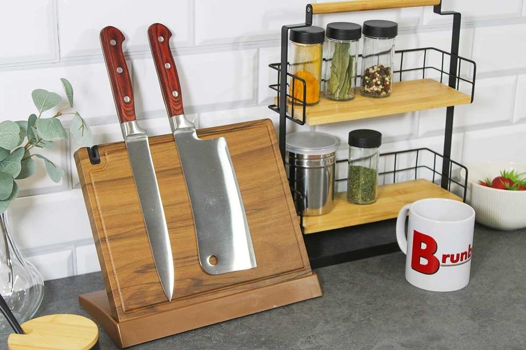 Wooden Magnetic Knife Stand With Sharpener 3770
