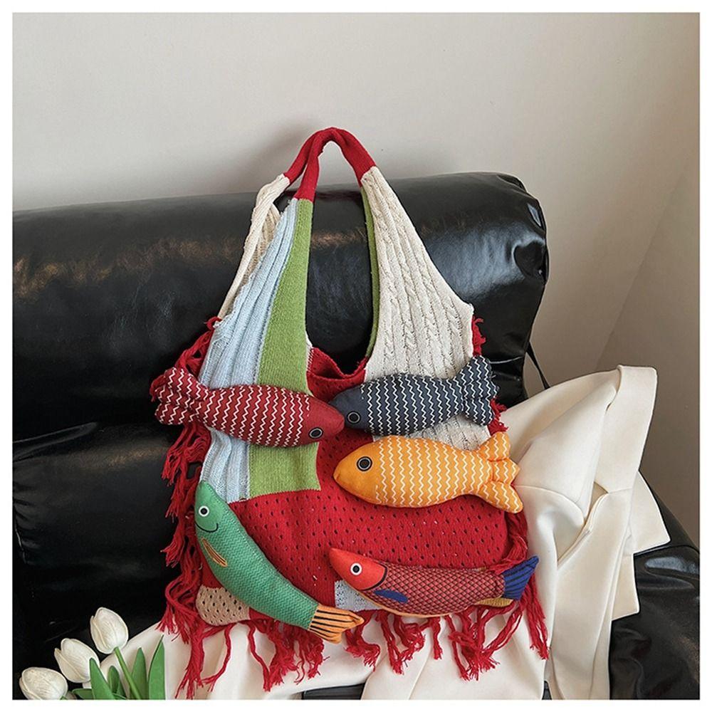 Summer Cotten Crochet Shoulder Bag Fish Tassels Beach Handbag Hollow Out Weave Bag  Shopping Bag