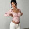 Ladies Spring Autumn Square Collar Sexy Bodycon Flower Printed Zipper Lace-Up Pullover Shirt Blouse Top