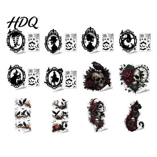 Reusable Festival Decor Halloween Static Window Clings Skeleton Witch Pumpkin Bat Silhouette Glass Stickers Outdoor Murals Removable Decals