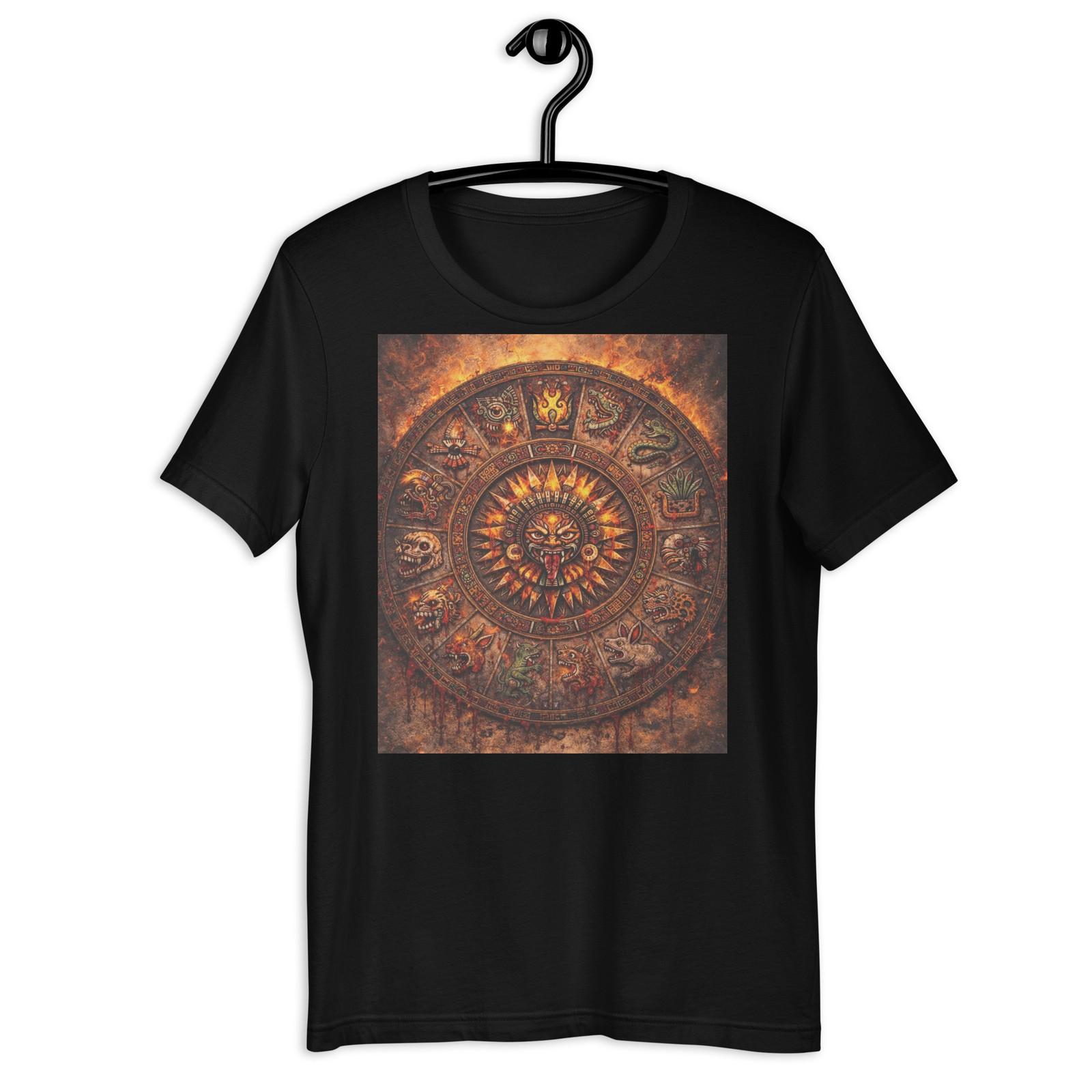 Aztec Calendar Fire Skull Warrior Mexican Graphic T-Shirt Chicano Art Tee S разноцветный