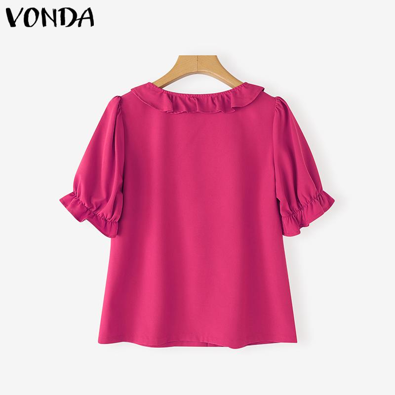 VONDA Women Summer Ruffled Neck Puff Sleeve Solid Color Casual Cropped Blouse