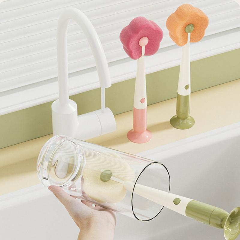 1 szt. Szczotka do czyszczenia kubków 3 w 1 w kształcie kwiatka z długim uchwytem, podstawką z przyssawką, wyjmowaną szczotką do szczelin, szczotką do kubków, zmywakami do kubków