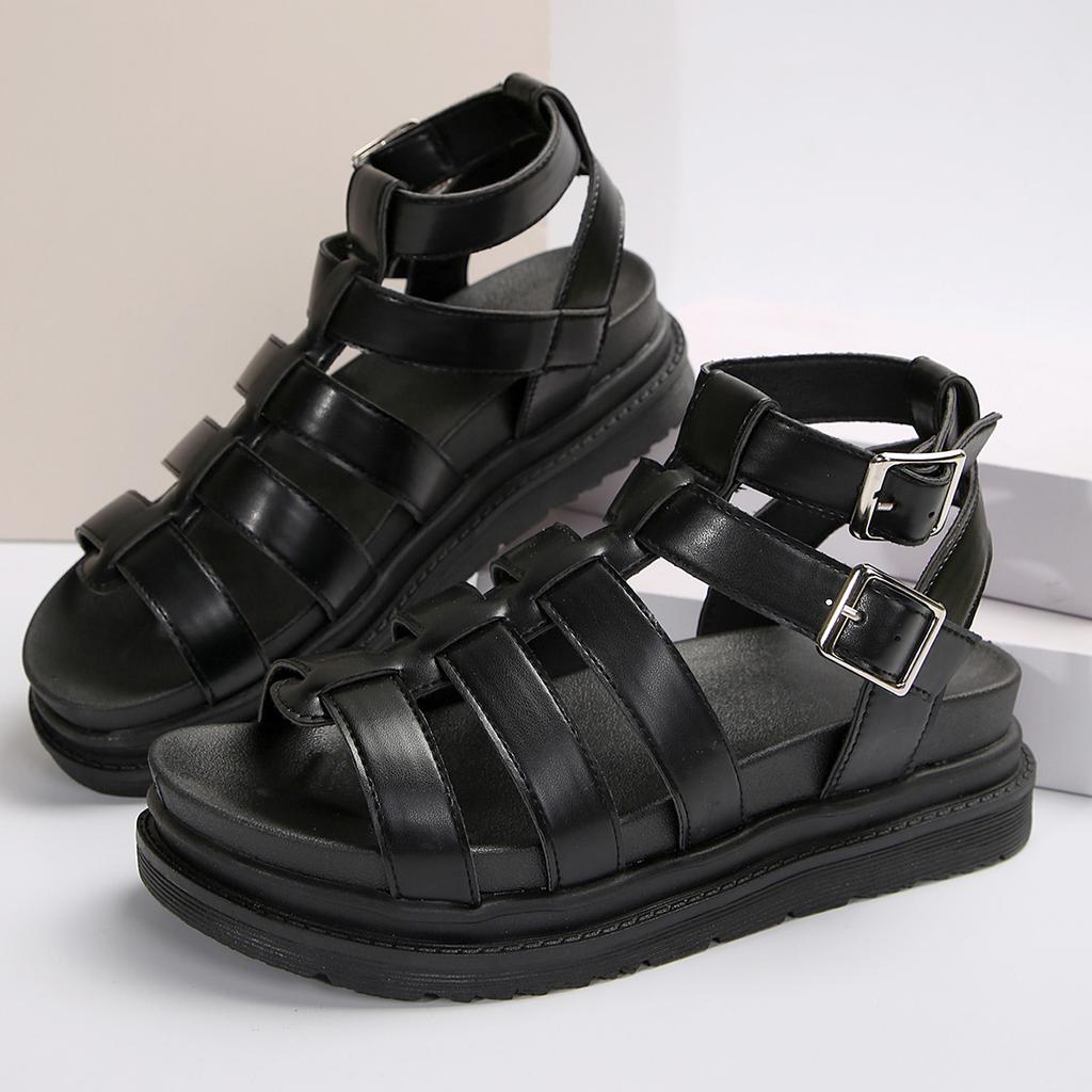 2024 Summer Sandals Women Platform Height Increasing Round Toe Open Toe Sandals Female Beach Shoes Buckle Strap Women's Black Shoes