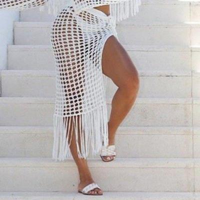Hollow Midi Skirt: European & American 2024 Spring/Summer See-Through Knit with Slit & Tassel