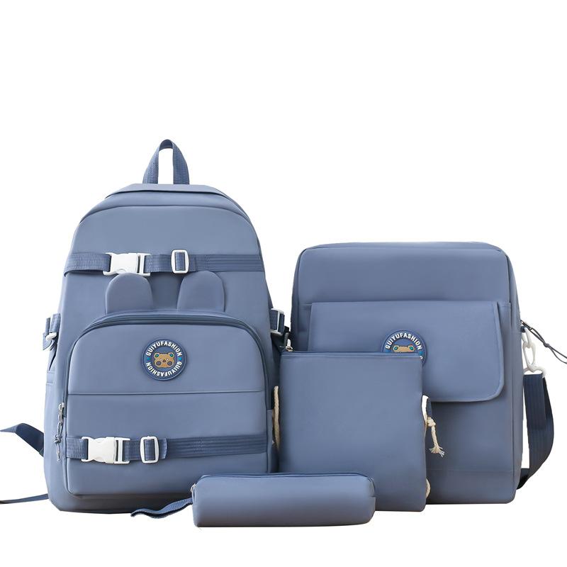 Elementary Solid Color School Bag Girls Large Capacity Canvas Backpack Set College Style Backpack