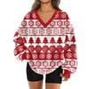 Women's Fashionable V-neck Christmas Printed Long Sleeved Casual Pullover Plush Warm Pocket Sweatshirt Top
