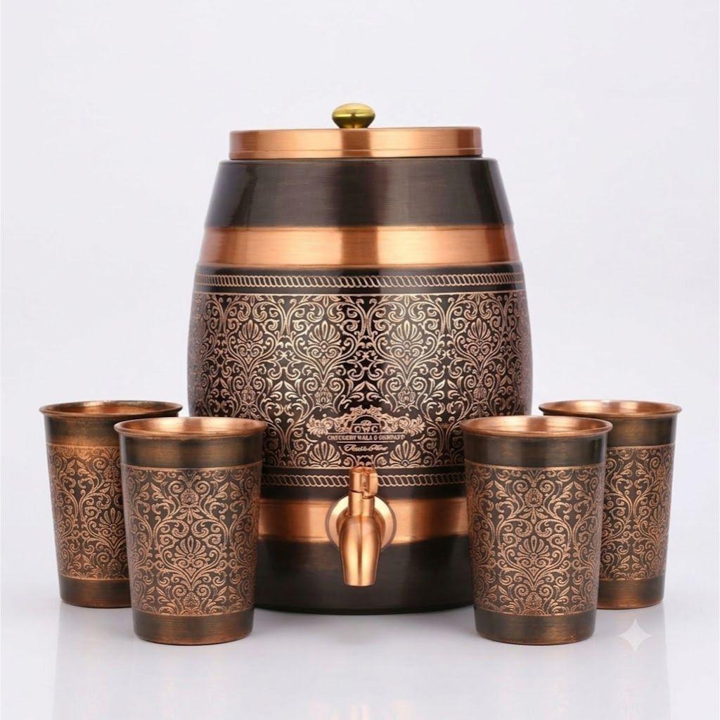 Pure Copper Water Dispenser 5 Litre | Pure Copper Handcrafted Glasses Set with Gift Box Set of 4 Antique Etching Design - 250ml