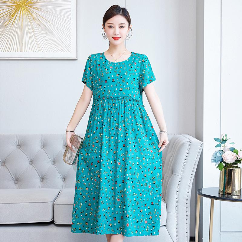 Plus Size Floral Cotton-Silk Dress for Women - Summer Fashion, Elegant Long Swing Dress