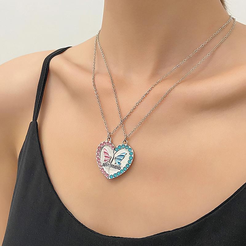 2Pcs Ins Style Heart Rainbow Stitching Necklace Fashion Pendant Alloy Clavicle Chain For Children Best Friend Jewelry Gifts