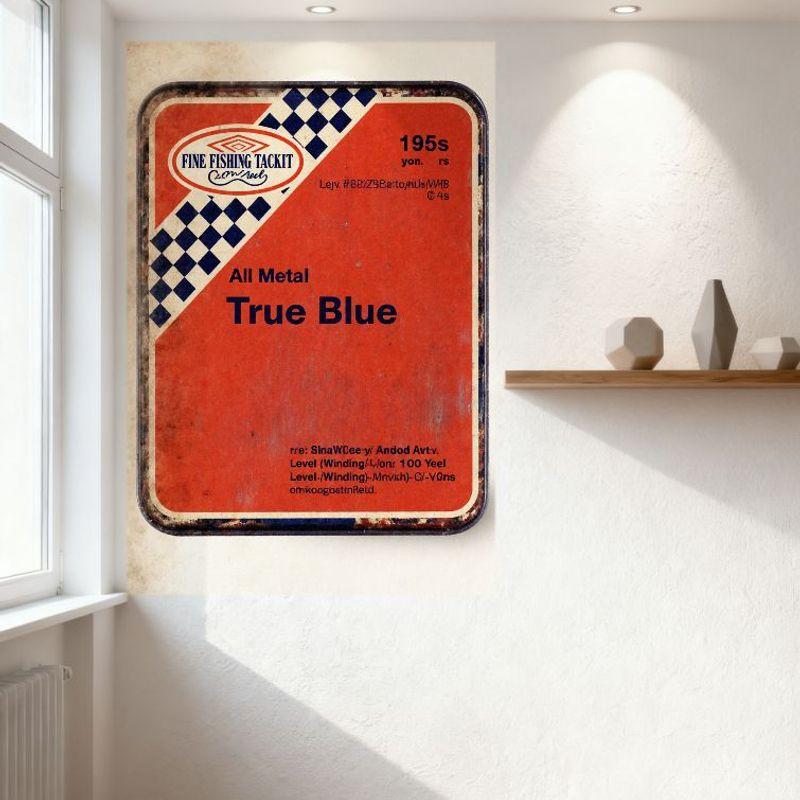 Vintage 1950s Fine Fishing Tackit Co. Tin Box 'All Metal True Blue' Distressed Retro Metal Container for Collectibles, Wall Deco