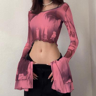 Punk Estetik Baskı Y2k Örgü Kadın Kırpma Üstleri Gotik Parlama Kollu T-shirt See Through Emo Marul Hem Seksi streetwear