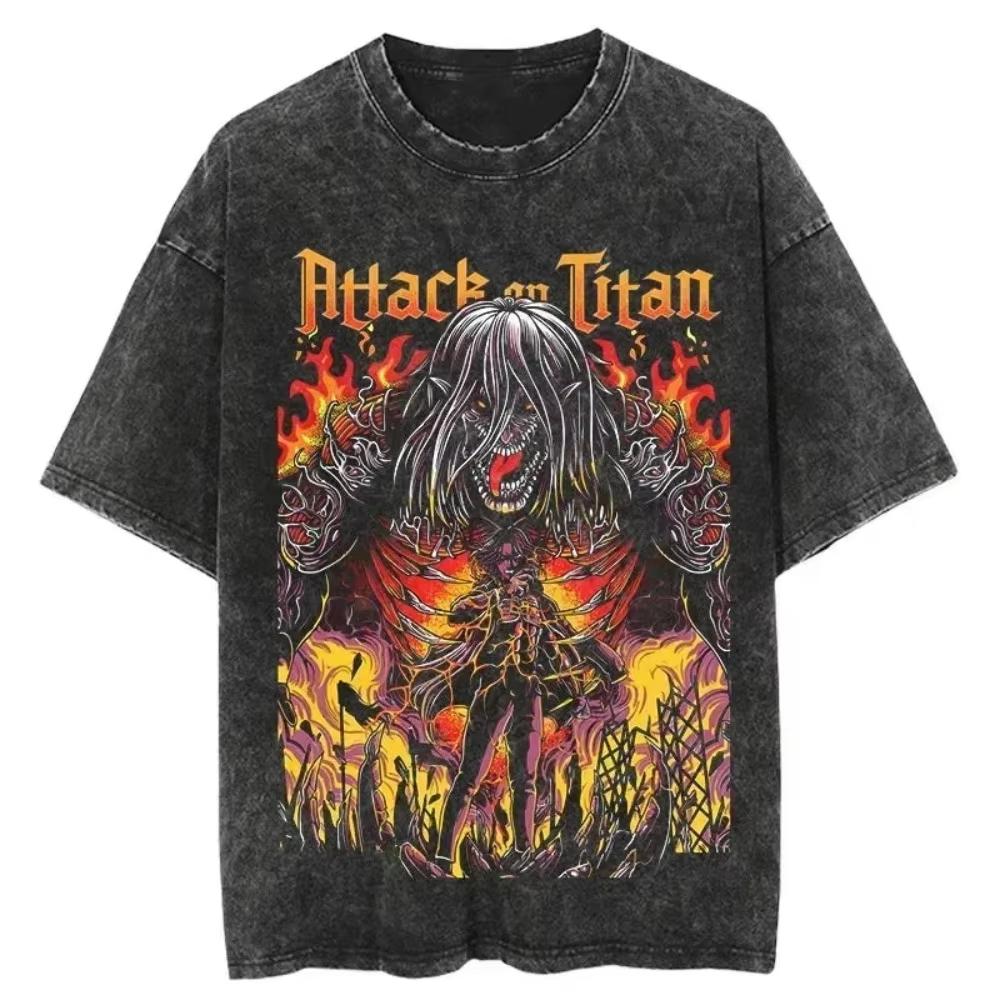 

Attack on Titan Mens and Womens Washed TShirt Eren Yeager Summer Anime Cotton Tee Retro Distressed Yk Short Sleeve Top M