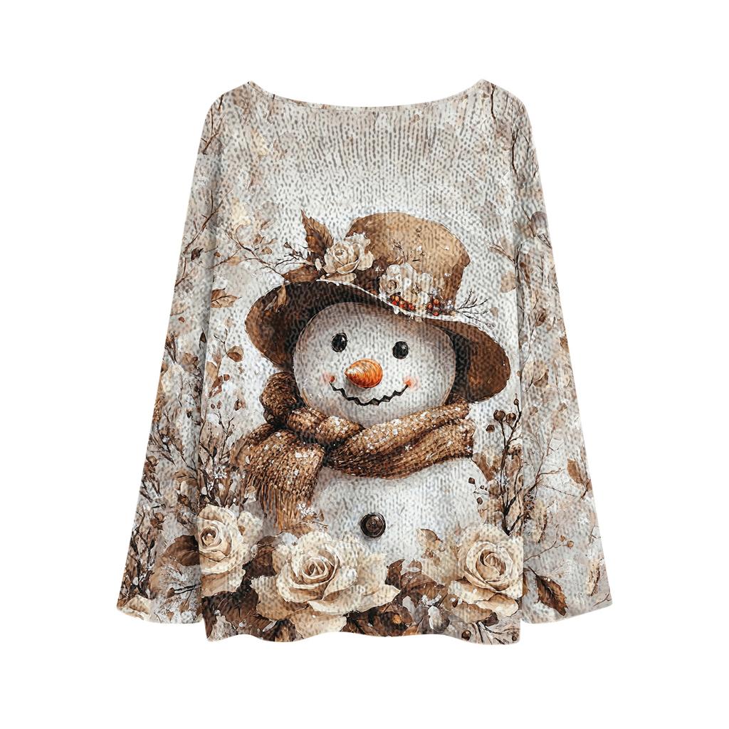Women's Fashion Christmas Print Lightweight Sweater Casual Long-Sleeve Knit Pullover Top
