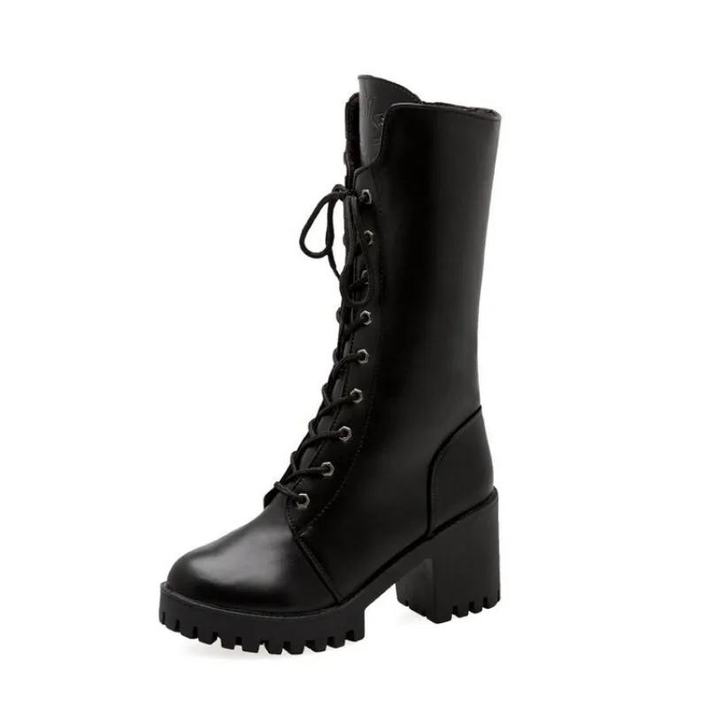 Fashion Women's Boots High Top 2025 Chunky Platform Pu Mid-Calf Boots Women Retro Punk Increasing Long Shoes Woman