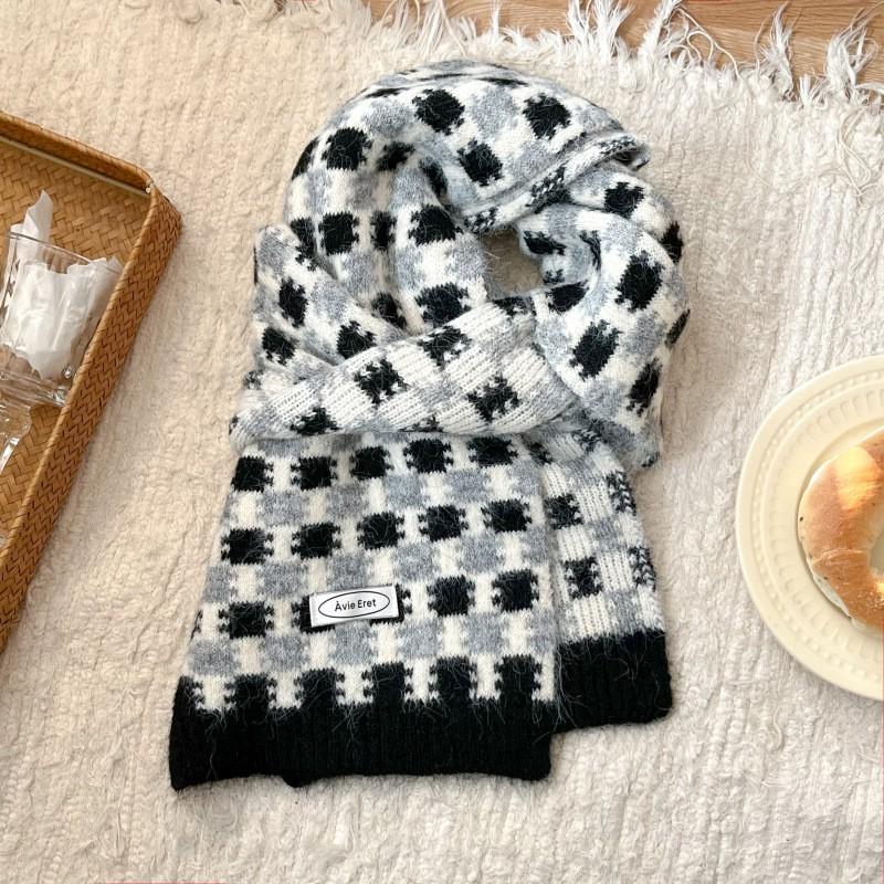 Womens Winter Knitted Scarf Korean Style Retro Plaid Warm Long Neck Wrap Wool Blend