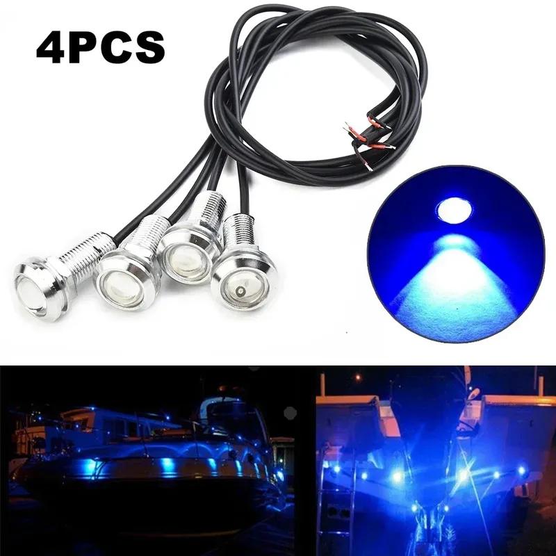 4Pcs 3w Blue Marine Boating LED Light Stern Lights Round LED Tail Lamps Silver Waterproof 12V DC Ambient Light Marker Lights as picture