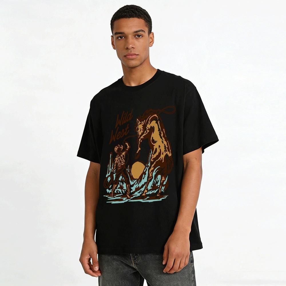 Wild West Cowboy Horse Taming Print Retro Casual Short Sleeve T-Shirt Pure Cotton T-shirt