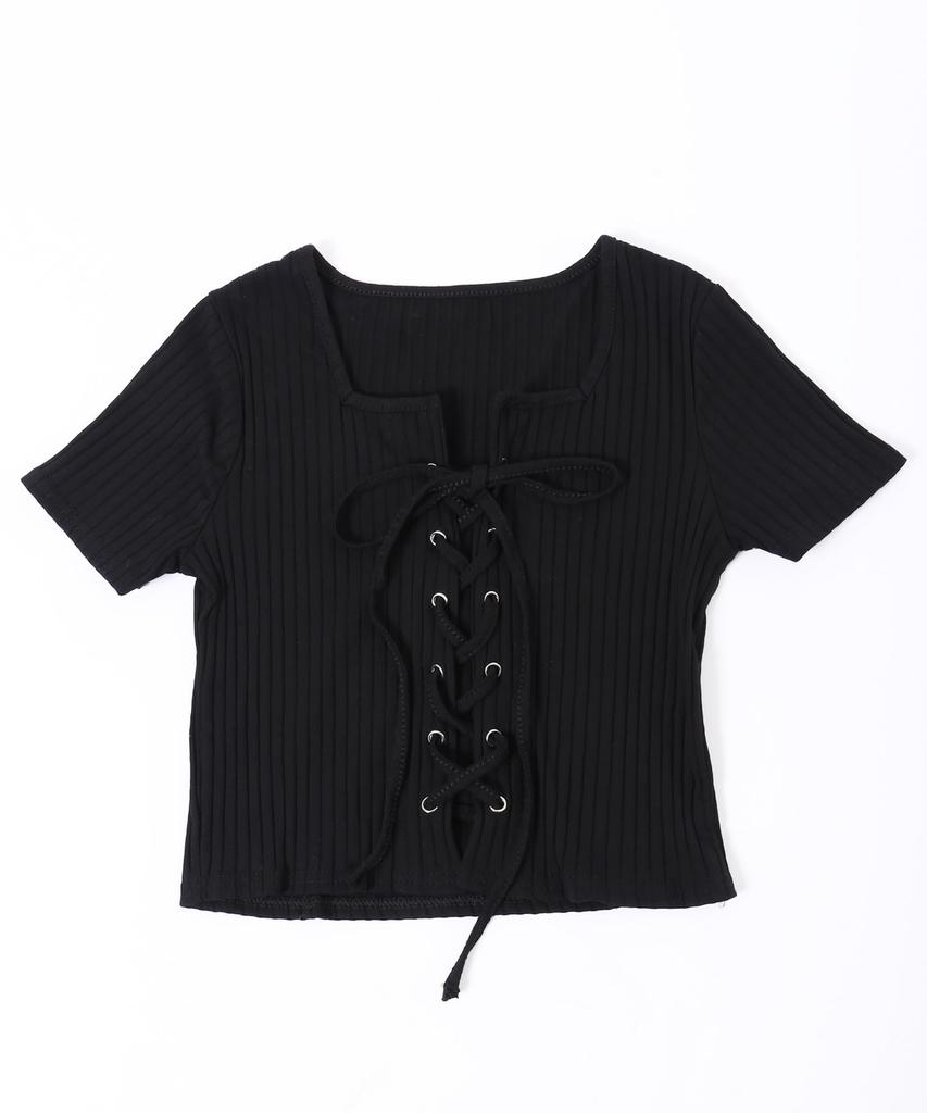 WEGO PHILLY Short Sleeve Compact Size Black T-Shirt, Lace-Up Top, Girly, Casual, Spring/Summer Clothes, Women's, F,