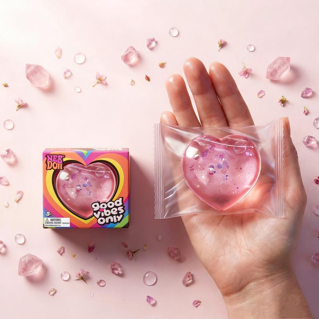 NeeDoh Heart Shaped Squeeze Toy, Glitter Filled Stress Relief Fidget Toy, Soft TPR Squishy for Kids Adults Anxiety Relief Gift