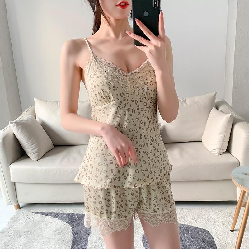 Dámské sexy pyžamo s leopardím vzorem, sada šortek na ramínka z ledového hedvábí, letní tenký styl s vycpávkami na hrudi, krajka, imitace hedvábí, domácí oblečení
