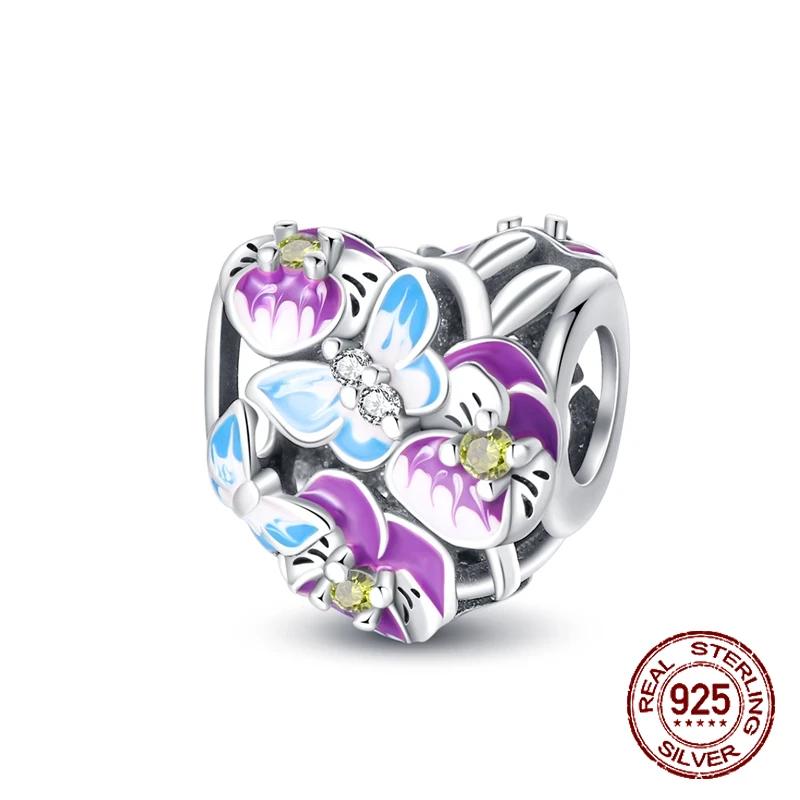 925 Sterling Silber Lila Perlen Blume Schmetterling Hänge Charm Passend 4MM Lochdurchmesser Armband Halskette 925 Schmuck Geschenkherstellung