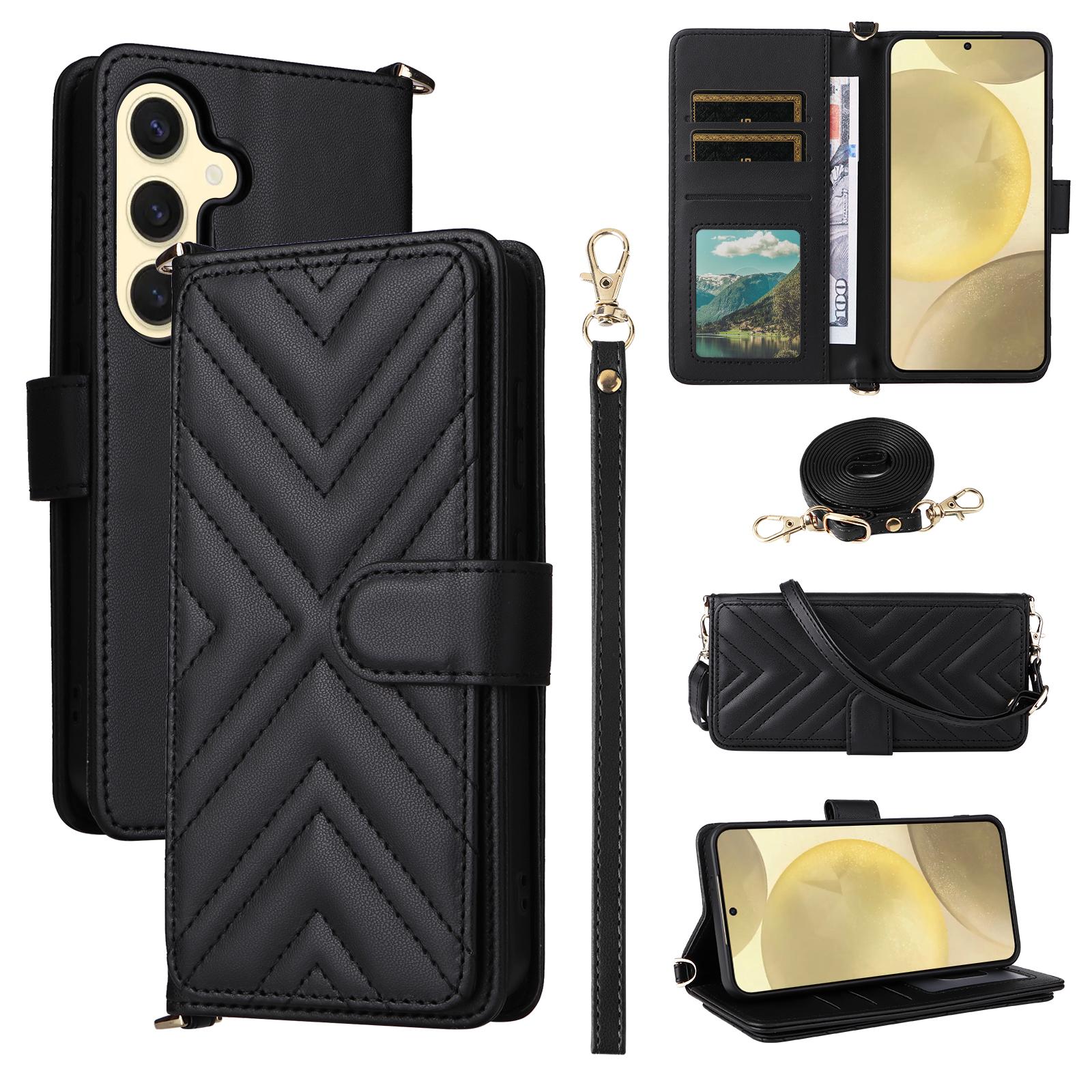 

For Samsung Galaxy S24 Wallet Case with Shoulder/Wrist Strap Leather Phone Cover Stand A