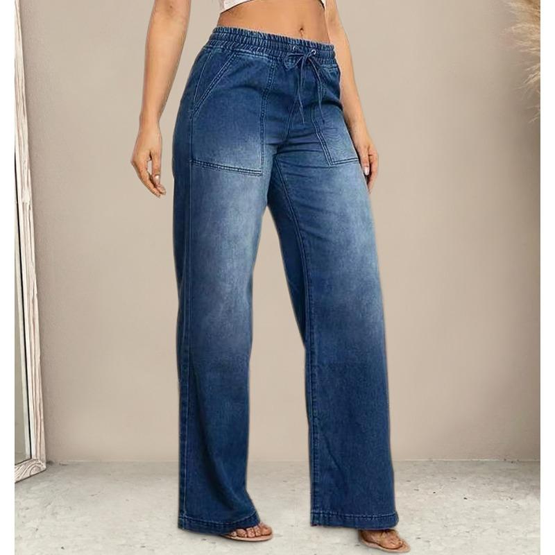 Women S Wide Leg Drawstring Elastic Waist Relaxed Fit Casual Denim Jeans