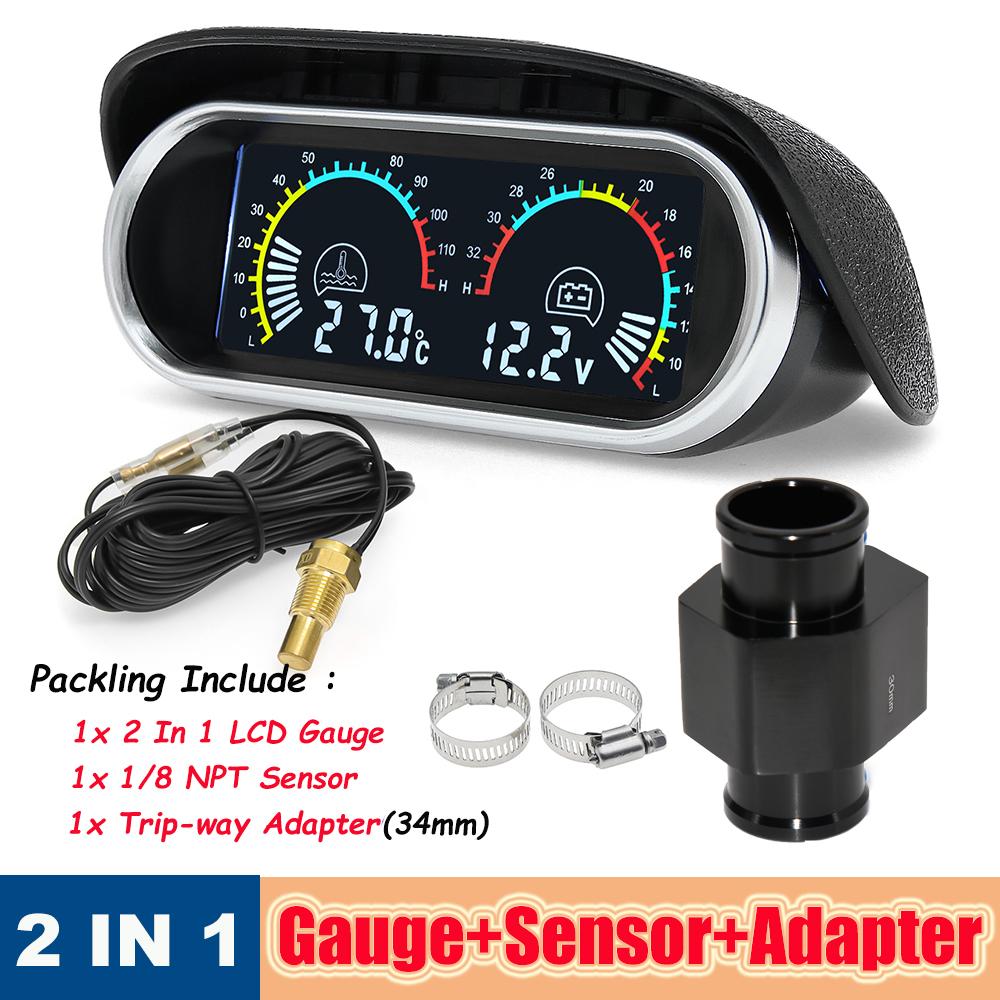 -10~120 Celsius Ecartament Universal LCD 2 în 1 cu Adaptor Senzor Temperatură Apă 40mm NPT 1/8 Metru Voltmetru+Afișaj Temperatură Apă