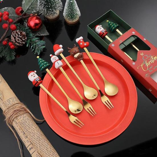 6Pcs/Set Stainless Steel Spoon Fork Set Santa Claus Snowman Deer Christmas Tree Hat Decor