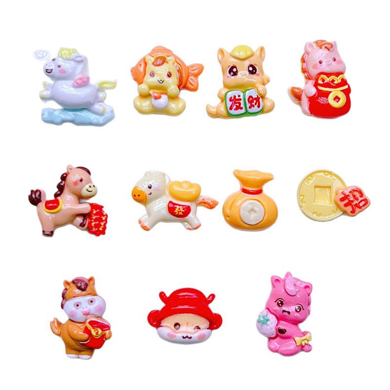 10Pcs 2026 The Year Of Horse Accessories Nail Art Charms Horse Yuanbao Lucky Bag Design Resin Nail Art Rhinestion Decoration