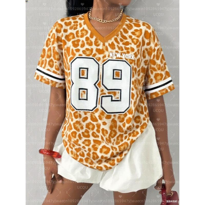 

Women s NEW YORK Leopard NO.89 Print V-Neck Short Sleeve T-Shirt Summer Graphic Tee Baseball Jerseys Plus Size Sport T-Shirt 6XL