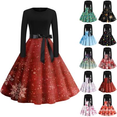 Women's Fashion Round Neck Casual Slim Christmas Printed Long Sleeve Dresses