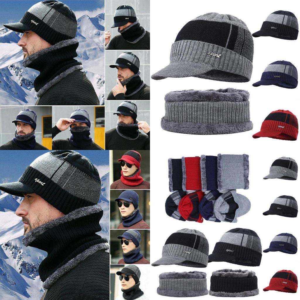 Soft Men Unisex Winter Warm Hat Knit Visor Beanie With Cozy Fleece Lining**