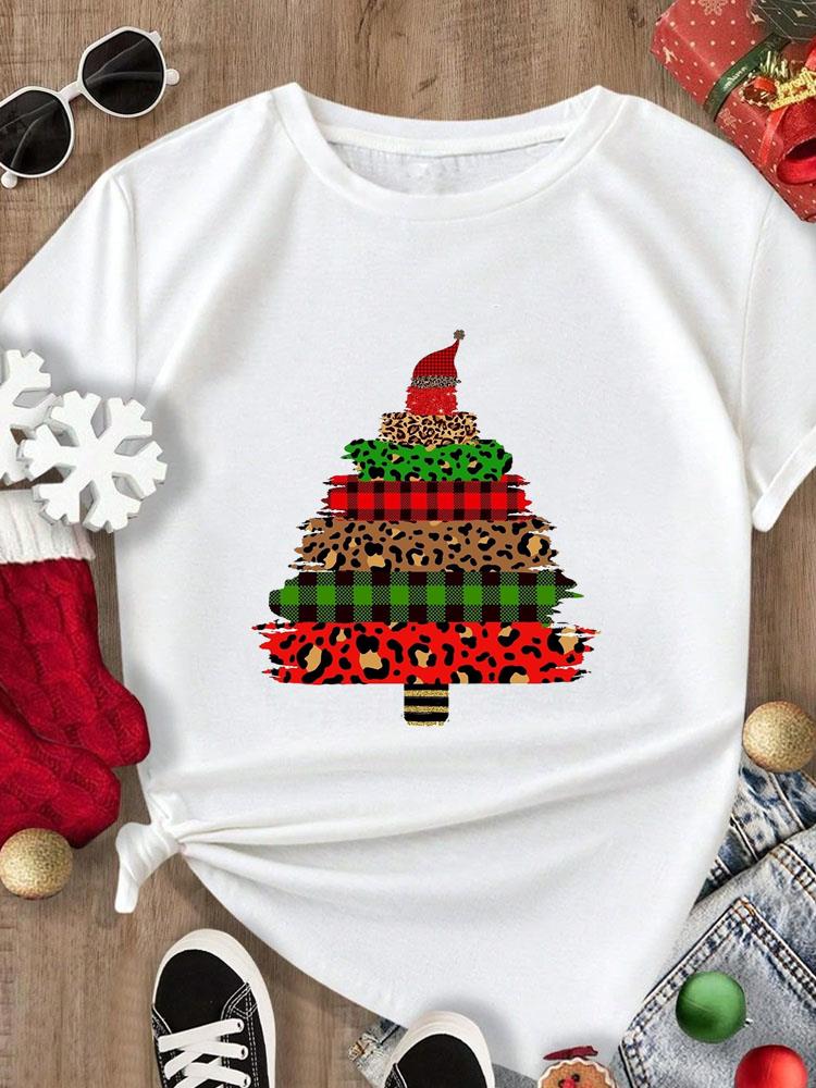 (Asian Size) Tee Merry Christmas New Year Holiday Top festival Casual tree letter style Women Print Lady Short Sleeve Fashion Graphic T-shirts