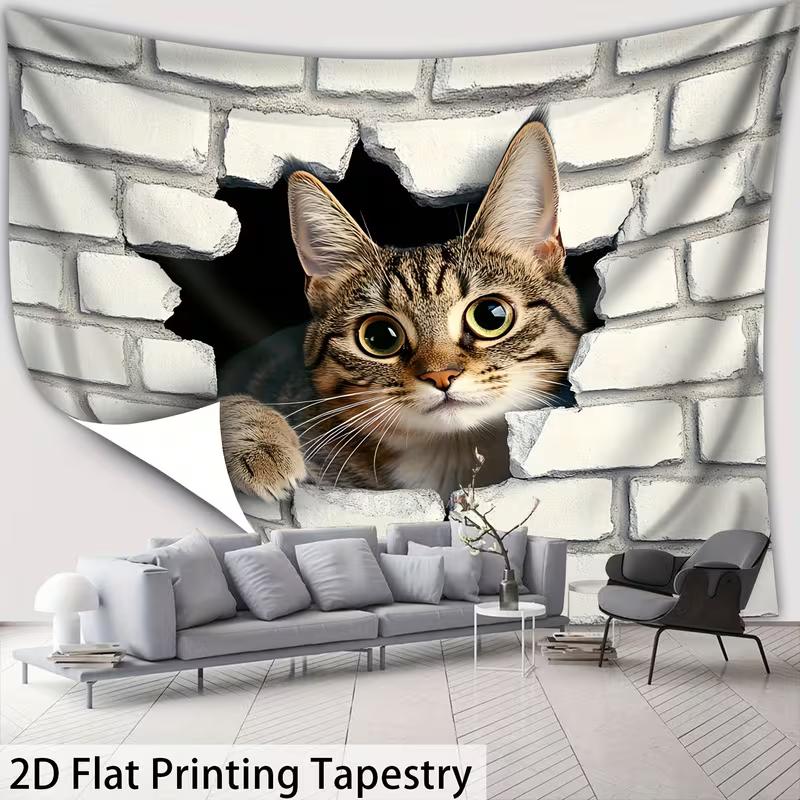 2D Cute Tabby Cat Tapestry White Brick Wall 2D Illusion Wall Hanging
