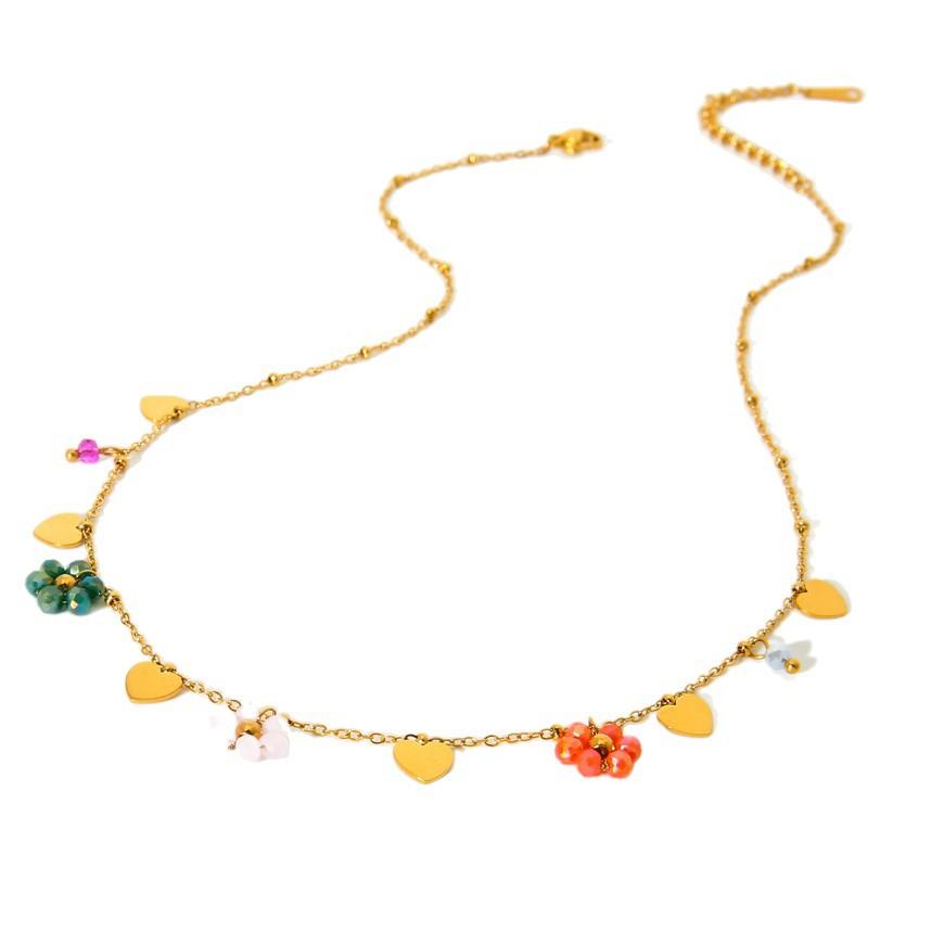 ins sweet retro color flower love fringed round bead necklace plated with 18K gold stainless steel neck chain jewelry