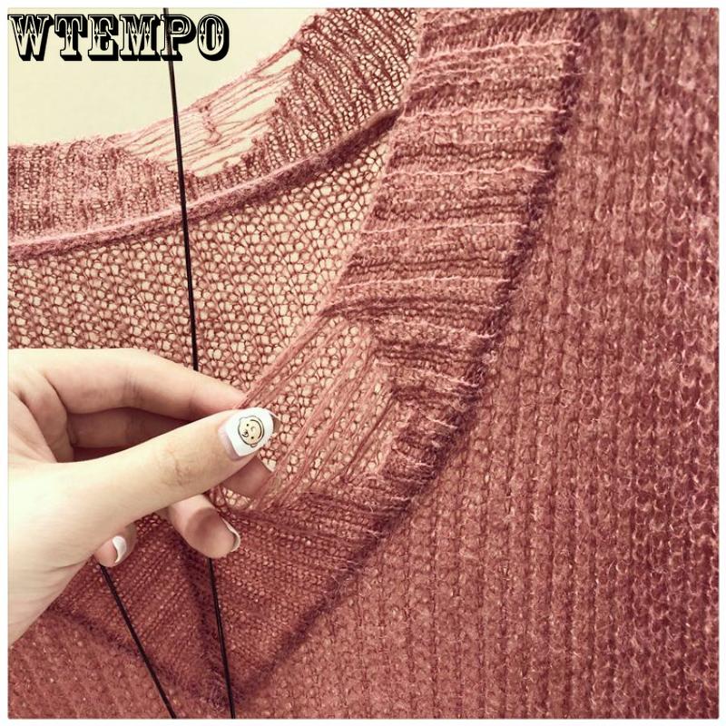Spring Women's Sweater Long Sleeve Loose Knit Women's Thin Slouchy Sweater Hollow Top