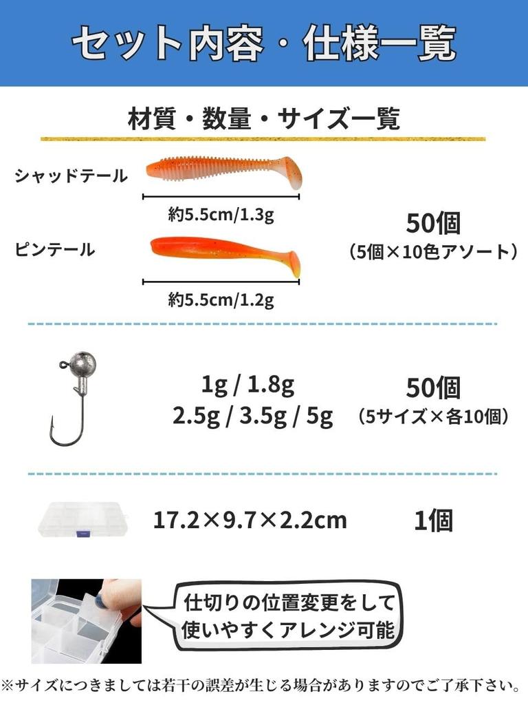 Set mit 100 Shad Tail Jigköpfen (Schaufelschwanz Typ A), 10 Farben, 5 Größen: 1g, 1.8g, 2.5g, 3.5g und 5g, mit Aufbewahrungskoffer
